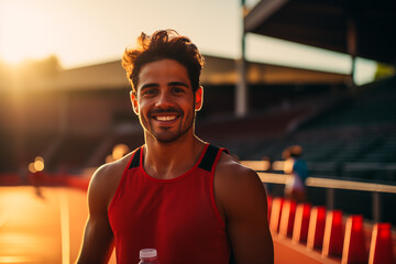 Portrait of a sweaty hispanic sprinter athlete after training in a stadium. Generative Ai.