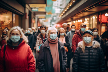 People wearing face masks in a crowded area. Generative AI