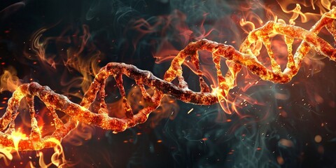 DNA helix ablaze, fire meeting genetics in a symbolic dance of creation - obrazy, fototapety, plakaty