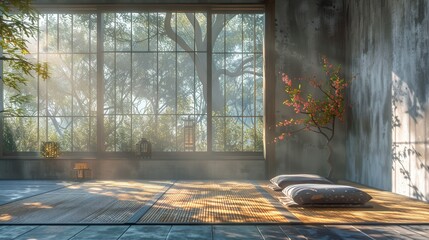 Zen japanese tea room with tatami mats and soft window light, high res photography