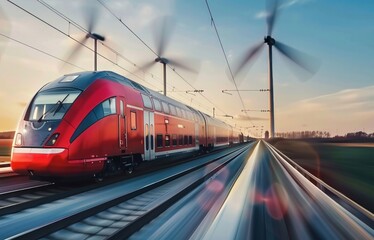 Naklejka premium Highspeed train zipping past wind turbines, a symbol of motion a