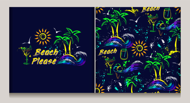Summer holiday label, emblem with tropical island, sun icon, ocean waves, text. Paint brush strokes, splattered paint. Bright glowing neon fluorescent colors. Outline, contour illustrations