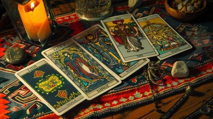 Tarot reader collects tarot cards. Tarot cards face down on a table next to burning candles.