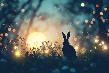 Tuinposter A rabbit is perched in the natural landscape of grass, beside an Easter egg. The scene combines elements of plant life and a festive event AIG42E © Summit Art Creations