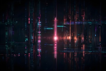 The image is an abstract representation of digital technology. It features a dark background with glowing lines and squares in shades of pink and blue. The design looks like a digital circuit board.