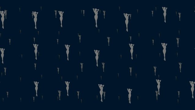 Sexy woman images float horizontally from left to right. Parallax fly effect. Floating symbols are located randomly. Seamless looped 4k animation on dark blue background