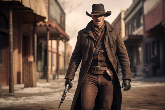 Mysterious cowboy wearing coat and hat walking across the street holding a gun. Generative AI