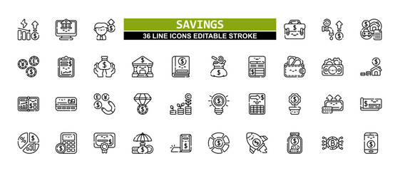 36 Saving Line Icons Set Pack Editable Stroke Vector Illustration.