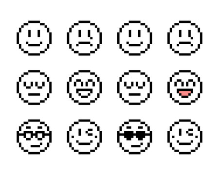 Black and white smiling, crying, sleeping, cool, laughing, winking face icon sticker. Emoji, emoticon outline pixel art isolated element.