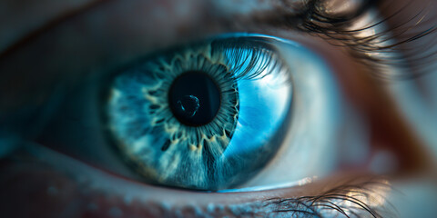 A close-up of a person's eye with a blue iris, showcasing the intricate details and captivating color.



