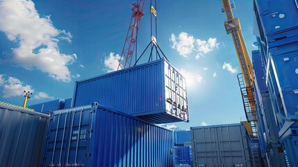 Experience the hustle of logistics with a lateral view of a pristine deep blue container being loaded by a crane. A photorealistic scene with shining sunlight and a clear blue sky - obrazy, fototapety, plakaty