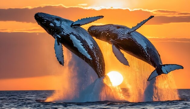 Majestic Humpback Whales Breaching In The Open Oce