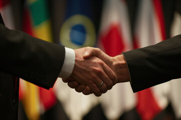 Handshake at Conference with National Flags