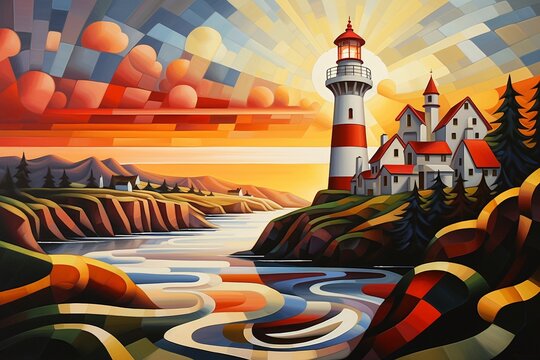 a painting of a lighthouse and a river