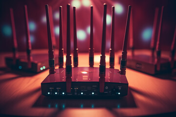 Router with multiple antennas, symbolizing network connectivity. Generative AI - obrazy, fototapety, plakaty