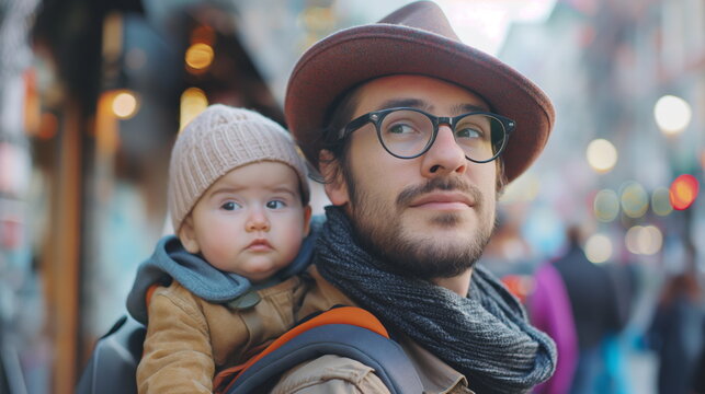 Hipster Dad with Baby in Stylish Baby Carrier on City Stroll, Modern Parenting