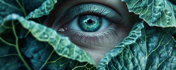 Close-up of a human eye surrounded by leaves - obrazy, fototapety, plakaty