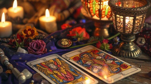 Tarot reader collects tarot cards. Tarot cards face down on a table next to burning candles.