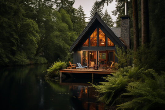 Serene lakeside cabin surrounded by lush forest. Generative AI