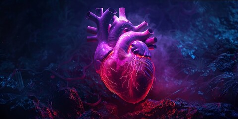 The heart, aglow with neon bioluminescence, showcases the beauty of anatomy in new light