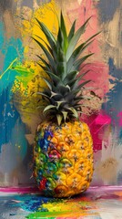 Colorful painted pineapple on abstract background