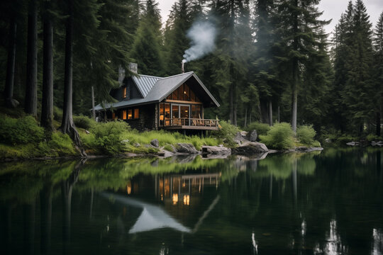 Cozy lakeside cabin surrounded by lush forest. Generative AI