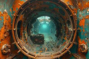 Submerged relic: abandoned sub at sea floor - obrazy, fototapety, plakaty