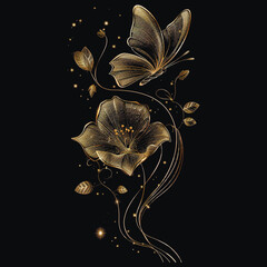 Gold lines glittery glowing blooming flower and butterfly romantic pattern. Black vector background illustration with golden exotic flower. Decorative grunge textured shiny minimalism drawing design