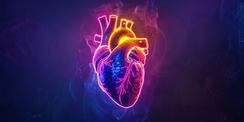 Vibrant neon outlines an anatomical heart, celebrating the science of life - obrazy, fototapety, plakaty