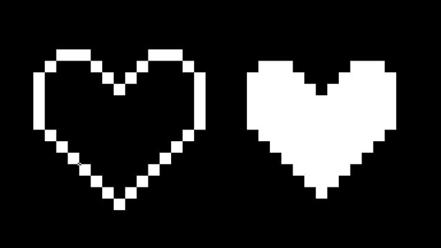 Icon outline pixel art element animated with alpha channel. Black and white heart, sparkling star, moon, star, sun, cloud motion graphic on transparent background.