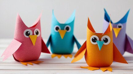 Kids crafts, colorful birds made of toilet rolls and papers