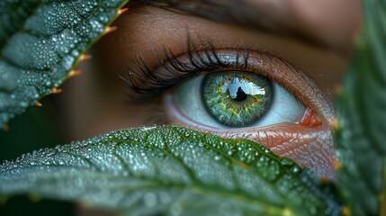 Close-up of a human eye with leaf foreground - obrazy, fototapety, plakaty