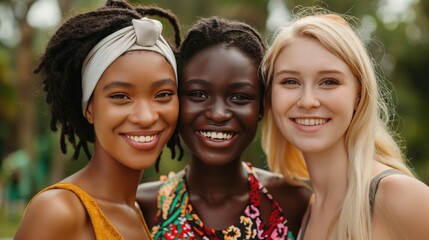 Fototapeta premium Young pretty afro and european women together in the park. Multiethnic group of friends having fun outdoors.