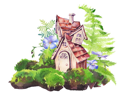 Fairy house artwork. watercolor hand painted forest home design isolated on white.