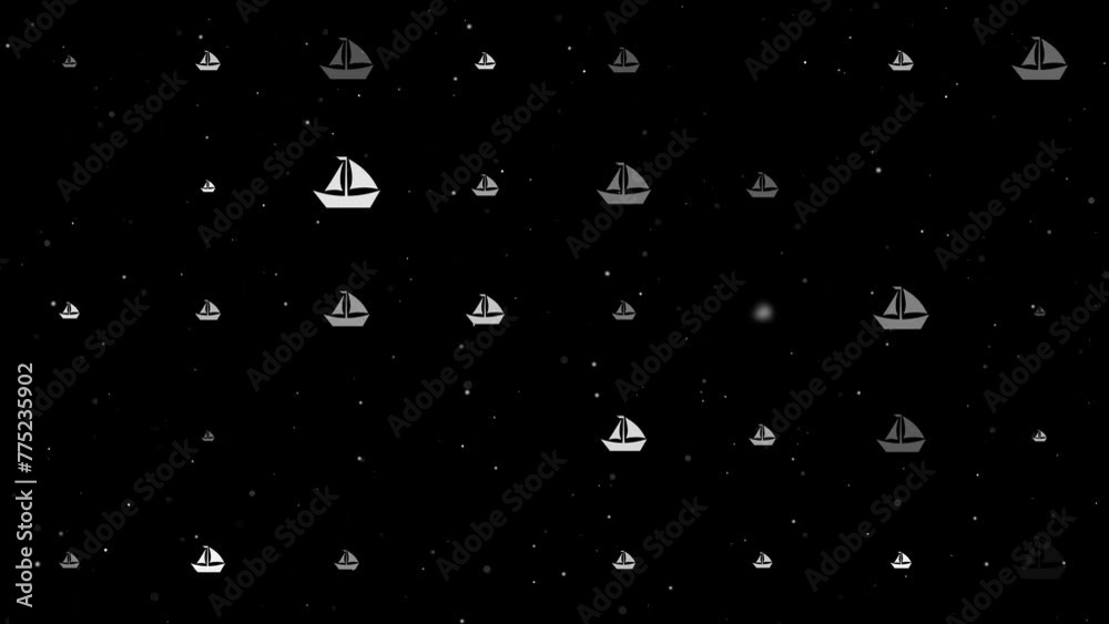 Poster template animation of evenly spaced sailing boat symbols of different sizes and opacity. animation o