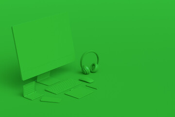 Desktop computer with keyboard, tablet, phone and DSLR camera on monochrome