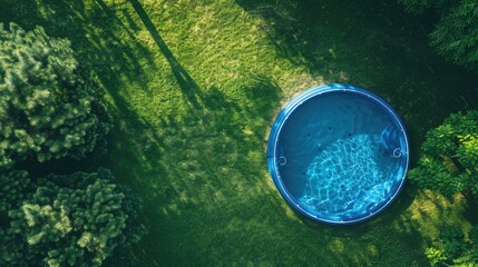 Dive into summer fun with our top-view shot of an above-ground pool on lush green grass