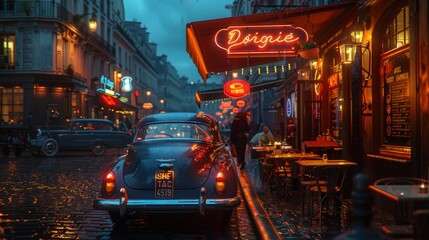 Vintage parisian caf u00e9 at twilight with neon signs and classic cars in 1950s ambiance - obrazy, fototapety, plakaty