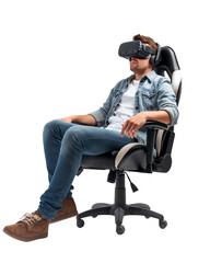 Young boy excited after wearing VR headset siting on gaming chair isolated on transparent background
