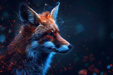 Elegant fox illustration blending intricate digital wireframe polygons with advanced line and dot technology, ideal for modern designs and wildlife-themed projects - obrazy, fototapety, plakaty