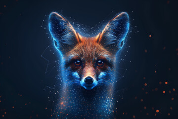 Elegant fox illustration blending intricate digital wireframe polygons with advanced line and dot technology, ideal for modern designs and wildlife-themed projects - obrazy, fototapety, plakaty