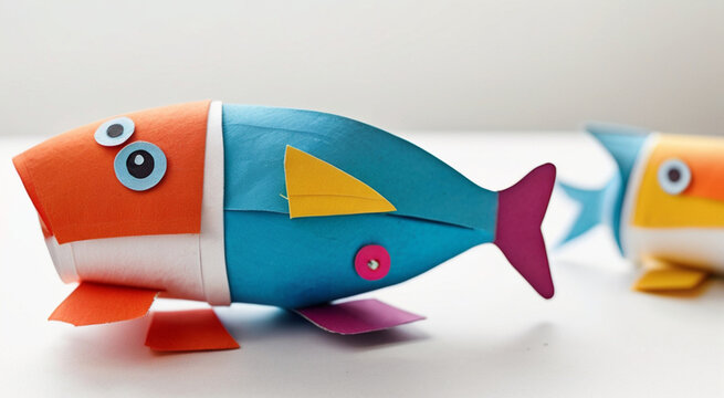 Kids crafts, cute colorful fishes made of toilet rolls and papers