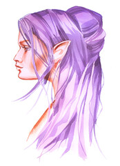 Fototapeta premium Watercolor elf portrai painting. Fairy with purple hair illustartion isolated on white.