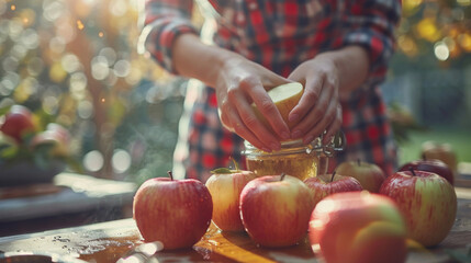 Woman making homemade apple cider vinegar or juice in glass bottle. Healthy organic food, fermented fruit drink. Autumn harvest concept. Home-brewing. Generative ai