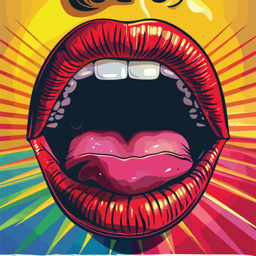 Pink, red lips, mouth and tongue icon on pop art retro vintage colorful background
