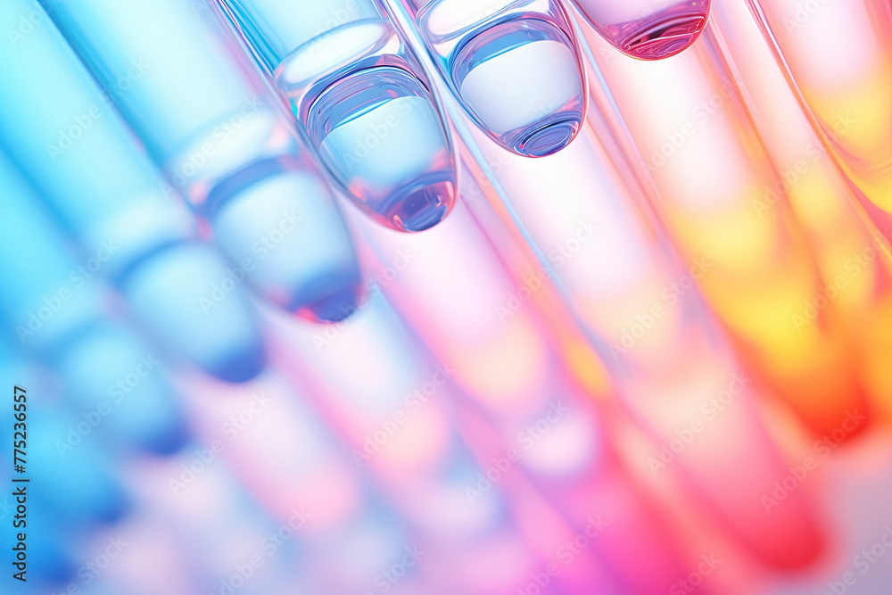 Poster pink holographic bubbles floating on the soft colorful abstract background in beautiful vivid tones.