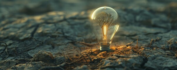Illuminated light bulb in a dry field at sunset - obrazy, fototapety, plakaty