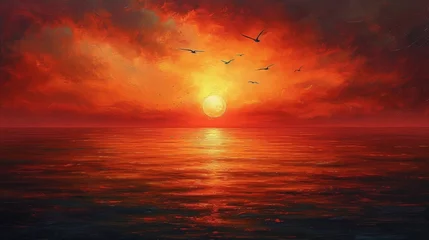 Tissu par mètre Rouge 2 Birds flying over the sea at sunset