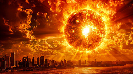 A futuristic cityscape under a blazing sun, with advanced solar technology - obrazy, fototapety, plakaty