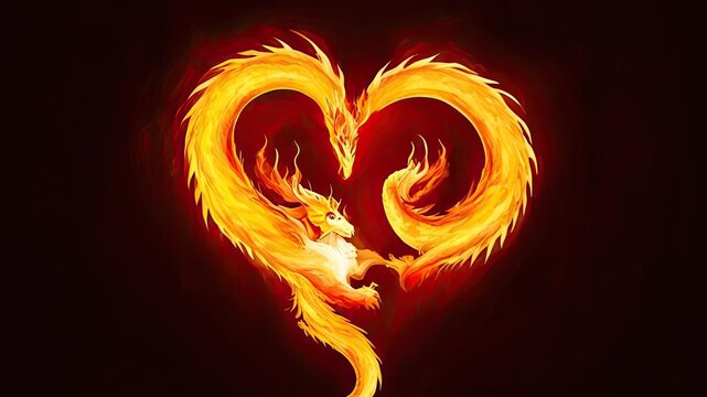 A fiery dragon in the shape of a heart on a black background.